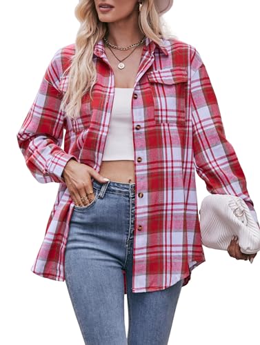 SPRING SEAON Damen Hemd Kariertes Langarmshirt Karohemd Ärmeln Freizeithemd Button-down Hemdbluse für Alltag und Oktoberfest S-XXL von SPRING SEAON