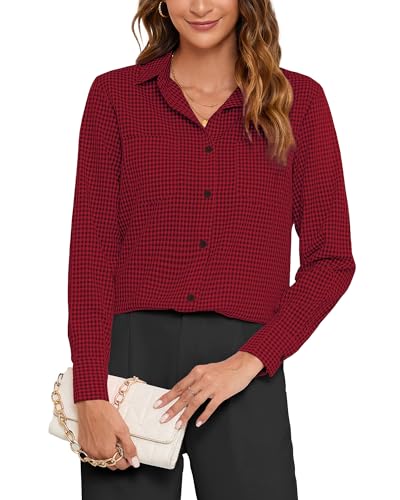 SPRING SEAON Damen Karierte Hemd Langarm Trachtenbluse Karohemd V-Ausschnitt Button-Down Blusen Oktoberfest Hemdbluse Holzfällerhemd Casual Oberteil mit Knopfleiste Work Tops von SPRING SEAON