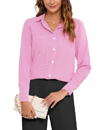 SPRING SEAON Damen Karierte Hemd Langarm Trachtenbluse Karohemd V-Ausschnitt Button-Down Blusen Oktoberfest Hemdbluse Holzfällerhemd Casual Oberteil mit Knopfleiste Work Tops von SPRING SEAON