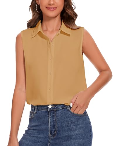 SPRING SEAON Damen ärmellos Knöpfen Hemden Klassische Kragen Bluse Basic Tank Tops Arbeit Büro Formelle Chiffon Tops Casual Blusen von SPRING SEAON