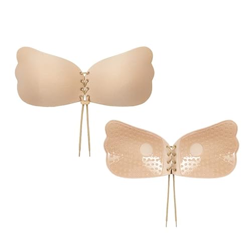 SPRINGSY Klebe BH Push Up für perfektes Dekolleté | Trägerloser BH rückenfrei - hautfreundlich und atmungskativ – Unsichtbarer Klebe BH große Brust mit Tunnelzug (Beige, A) von SPRINGSY