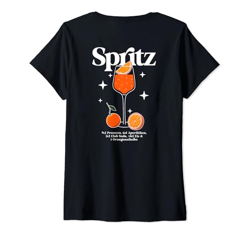 Damen SPRITZ REZEPT X HALLÖCHEN APERÖLCHEN APEROLIKER. BACKPRINT T-Shirt mit V-Ausschnitt von SPRITZ REZEPT X ON VACATION SPRITZ CLUB EDITION