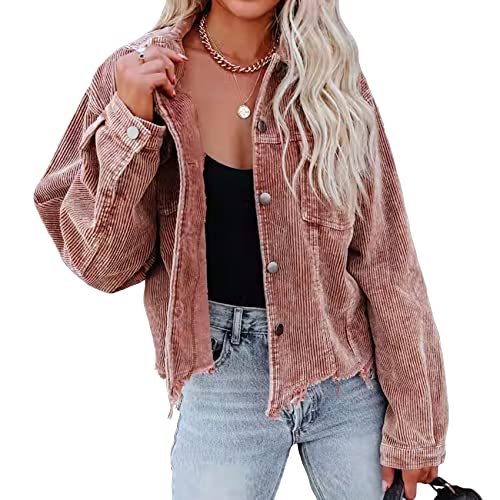 SPSHODOW Y2K Damen-Jacke aus Cord, knöpfbar, lässig, Retro, gewaschener Saum, Shacket-Mantel, F-braun, X-Large von SPSHODOW
