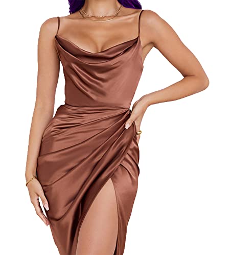 SPSHODOW Damen Verstellbare Satin Strap Sexy Ärmellose Rückenlose Kleid Rüschen Split Saum Cocktail Strand Abend Party Midi Kleider von SPSHODOW