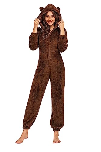 SPSHODOW Erwachsene Onesie Pyjamas für Frauen, Plüsch Onesie Pyjamas Zip Up Warme Flauschige Pyjamas Langarm Einteilige Kapuze Nachtwäsche von SPSHODOW