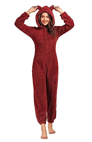 SPSHODOW Erwachsene Onesie Pyjamas für Frauen, Plüsch Onesie Pyjamas Zip Up Warme Flauschige Pyjamas Langarm Einteilige Kapuze Nachtwäsche von SPSHODOW