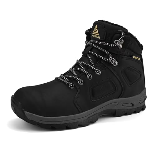 SPSHOOS Herren Winterschuhe Warm Gefüttert Schneestiefel Trekking Wanderschuhe Winterstiefel Wasserdicht Schwarz 46 von SPSHOOS