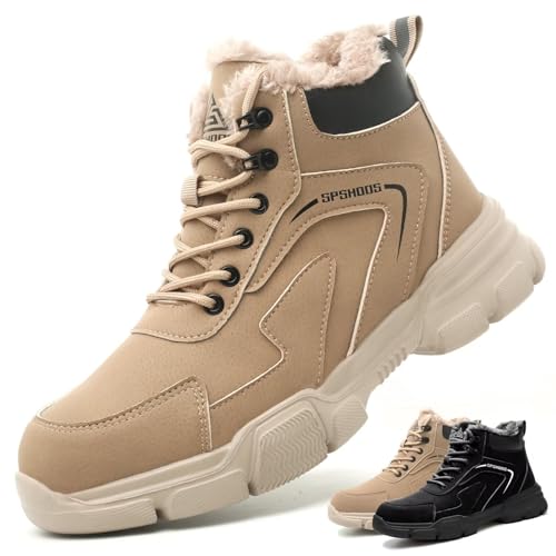 SPSHOOS Winter Sicherheitsschuhe Herren Damen Hoch Arbeitsschuhe Warm Gefüttert Sicherheitsstiefel Wasserdicht rutschfeste mit Stahlkappen Braun Khaki 40 von SPSHOOS