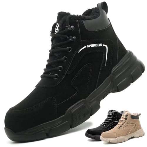 SPSHOOS Winter Sicherheitsschuhe Herren Damen Hoch Arbeitsschuhe Warm Gefüttert Sicherheitsstiefel Wasserdicht rutschfeste mit Stahlkappen Schwarz 42 von SPSHOOS