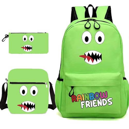 SPSMOKH 3-teiliges Set mit buntem Monsterrucksack, Cyan-Looky Rot, Anime-Spiel-Schultaschen mit Rucksack, Lunch-Tasche, Stifttasche für Kinder, Jungen und Mädchen, grün, 32*45*13cm, Casual von SPSMOKH