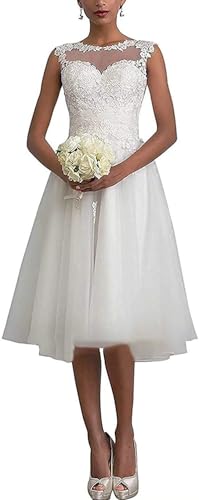 SPSMOKH Brautkleider Tüll Kurz A-Linie Damen Brautmode Vintage Große Größen Brautkleider Umstandskleider Spitze Ärmellos, weiß, 38 von SPSMOKH
