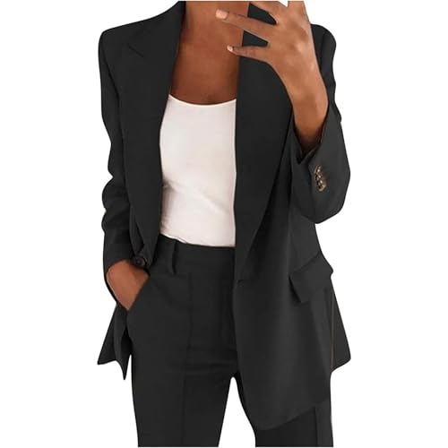 SPSMOKH Cardigan Blazer Damen Elegant Business Einfarbig Female Blazer Casual Lange Anzugjacke mit Tasche Revers Damen Blazer Damenjacke (Schwarz, M) von SPSMOKH