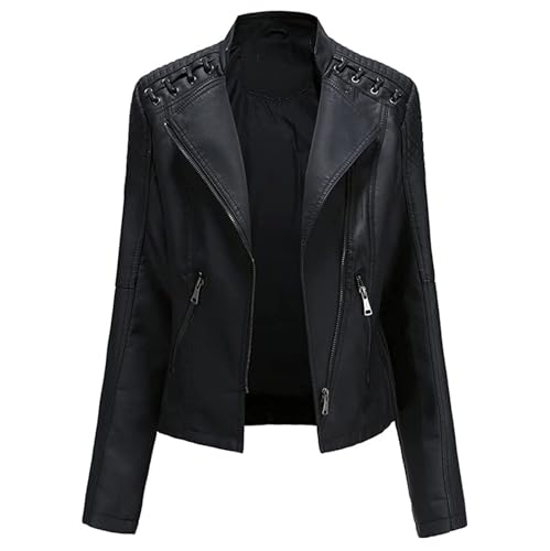 SPSMOKH Damen Kunstlederjacke Reißverschluss Lederjacke Motorradjacke Bikerjacke Übergangsjacke Outdoorjacke Slim Fit Moto Biker Kurzmantel (Schwarz, XXL) von SPSMOKH