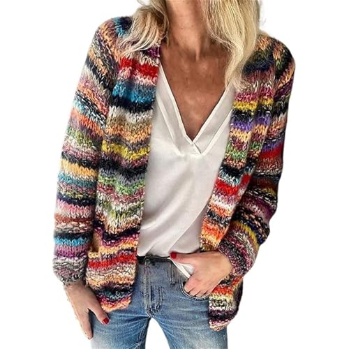 SPSMOKH Damen Regenbogen Cardigan Pullover Langarm Mehrfarbig Gestreift Pullover Vorne Offene Jacke Herbst Winter (Rot, XL) von SPSMOKH