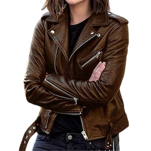SPSMOKH Jacke Damen Lederjacke Damen Kunstlederjacke mit Reißverschluss Frühling Herbst Motorradjacke Winddicht Leicht Revers Sweatjacke Streetwear (Braun, 3XL) von SPSMOKH