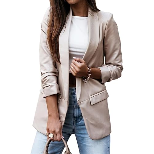 Kunstleder Jacke Damen Kunstleder Blazer Ledermantel Elegant Casual Anzugjacke Stretch Damenjacke Knopfleiste Slim Fit Trenchcoat Business Büro Blazers (Apricot, M) von SPSMOKH