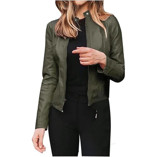 SPSMOKH Lederjacke Damen Herbst Winter Motorradjacke Bomberjacke Bikerjacke mit Reißverschluss Übergangsjacke Lederimitat Jacken Große Größen (Armeegrün, M) von SPSMOKH