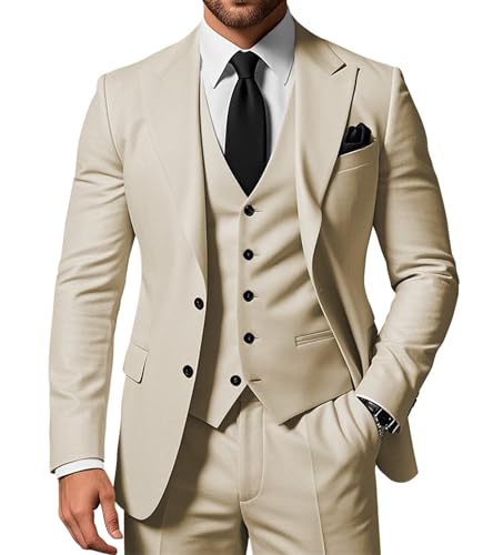 SPTALLFITJSV Herren 3-teiliger Anzug Slim Fit Peak Lapel 2-Knopf Blazer Jacke Weste Hose Set Hochzeit Business Abiball Party Anzug, Beige, XX-Small von SPTALLFITJSV