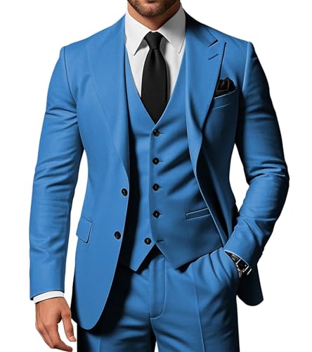 SPTALLFITJSV Herren 3-teiliger Anzug Slim Fit Peak Lapel 2-Knopf Blazer Jacke Weste Hose Set Hochzeit Business Abiball Party Anzug, Blau, XL SPTALLFITJSV Herren 3-teiliger Anzug Slim Fit Peak Lapel 2-Knopf Blazer Jacke Weste Hose Set Hochzeit Business Abiball Party Anzug, Blau, XL von SPTALLFITJSV