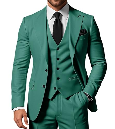 SPTALLFITJSV Herren 3-teiliger Anzug Slim Fit Peak Lapel 2-Knopf Blazer Jacke Weste Hose Set Hochzeit Business Abiball Party Anzug, Blaugrün/Ein Hauch von Paradies (Trace of Paradise), L von SPTALLFITJSV