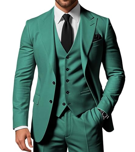 SPTALLFITJSV Herren 3-teiliger Anzug Slim Fit Peak Lapel 2-Knopf Blazer Jacke Weste Hose Set Hochzeit Business Abiball Party Anzug, Blaugrün/Ein Hauch von Paradies (Trace of Paradise), S von SPTALLFITJSV