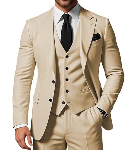 SPTALLFITJSV Herren 3-teiliger Anzug Slim Fit Peak Lapel 2-Knopf Blazer Jacke Weste Hose Set Hochzeit Business Abiball Party Anzug, Champagner, 6XL SPTALLFITJSV Herren 3-teiliger Anzug Slim Fit Peak Lapel 2-Knopf Blazer Jacke Weste Hose Set Hochzeit Business Abiball Party Anzug, Champagner, 6XL von SPTALLFITJSV