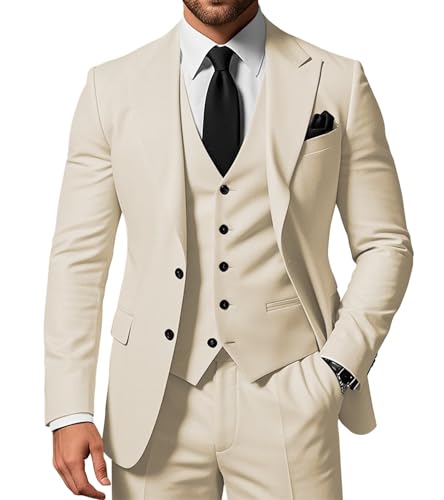 SPTALLFITJSV Herren 3-teiliger Anzug Slim Fit Peak Lapel 2-Knopf Blazer Jacke Weste Hose Set Hochzeit Business Abiball Party Anzug, Cream, XX-Large von SPTALLFITJSV