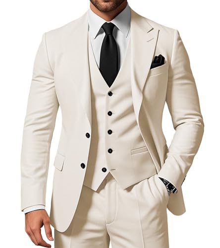 SPTALLFITJSV Herren 3-teiliger Anzug Slim Fit Peak Lapel 2-Knopf Blazer Jacke Weste Hose Set Hochzeit Business Abiball Party Anzug, Cream, XX-Small SPTALLFITJSV Herren 3-teiliger Anzug Slim Fit Peak Lapel 2-Knopf Blazer Jacke Weste Hose Set Hochzeit Business Abiball Party Anzug, Cream, XX-Small von SPTALLFITJSV
