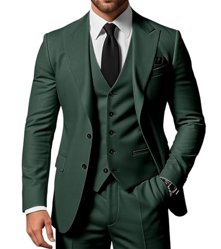 SPTALLFITJSV Herren 3-teiliger Anzug Slim Fit Peak Lapel 2-Knopf Blazer Jacke Weste Hose Set Hochzeit Business Abiball Party Anzug, Dunkelgrün, 6XL von SPTALLFITJSV
