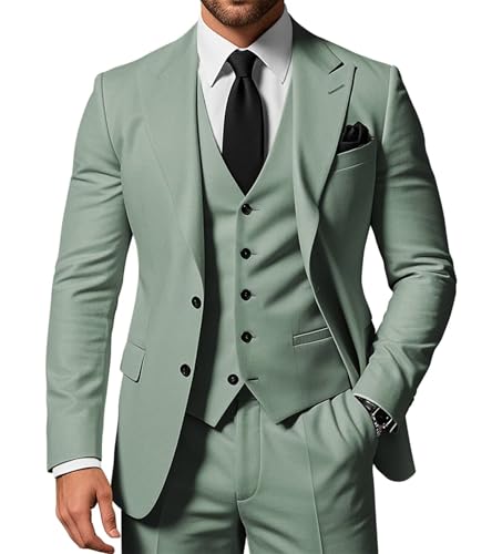 SPTALLFITJSV Herren 3-teiliger Anzug Slim Fit Peak Lapel 2-Knopf Blazer Jacke Weste Hose Set Hochzeit Business Abiball Party Anzug, Dusty Green, 3XL SPTALLFITJSV Herren 3-teiliger Anzug Slim Fit Peak Lapel 2-Knopf Blazer Jacke Weste Hose Set Hochzeit Business Abiball Party Anzug, Dusty Green, 3XL von SPTALLFITJSV