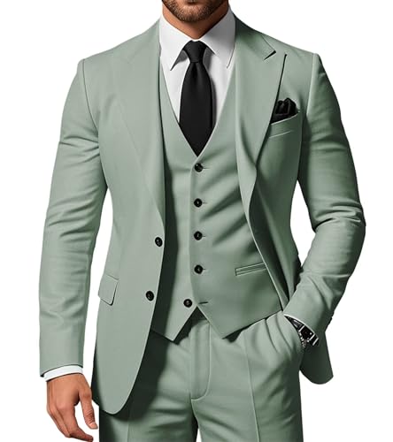 SPTALLFITJSV Herren 3-teiliger Anzug Slim Fit Peak Lapel 2-Knopf Blazer Jacke Weste Hose Set Hochzeit Business Abiball Party Anzug, Dusty Green, 4XL von SPTALLFITJSV