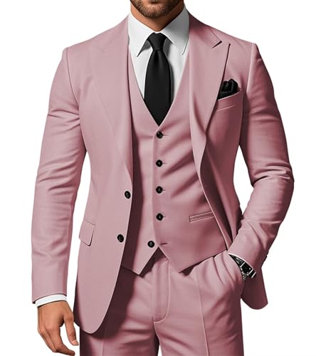 SPTALLFITJSV Herren 3-teiliger Anzug Slim Fit Peak Lapel 2-Knopf Blazer Jacke Weste Hose Set Hochzeit Business Abiball Party Anzug, Dusty Rose, L von SPTALLFITJSV