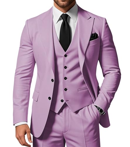 SPTALLFITJSV Herren 3-teiliger Anzug Slim Fit Peak Lapel 2-Knopf Blazer Jacke Weste Hose Set Hochzeit Business Abiball Party Anzug, Flieder, 5XL von SPTALLFITJSV