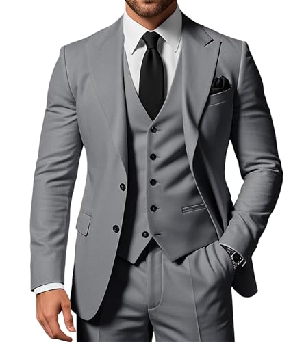 SPTALLFITJSV Herren 3-teiliger Anzug Slim Fit Peak Lapel 2-Knopf Blazer Jacke Weste Hose Set Hochzeit Business Abiball Party Anzug, GRAU, 6XL von SPTALLFITJSV