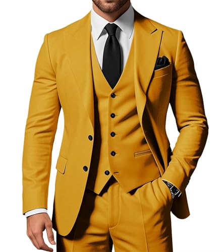 SPTALLFITJSV Herren 3-teiliger Anzug Slim Fit Peak Lapel 2-Knopf Blazer Jacke Weste Hose Set Hochzeit Business Abiball Party Anzug, Gold, 3XL von SPTALLFITJSV