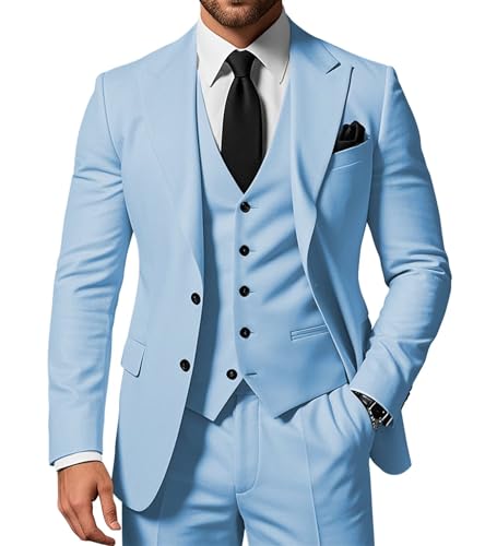 SPTALLFITJSV Herren 3-teiliger Anzug Slim Fit Peak Lapel 2-Knopf Blazer Jacke Weste Hose Set Hochzeit Business Abiball Party Anzug, Hell, blau, 5XL von SPTALLFITJSV