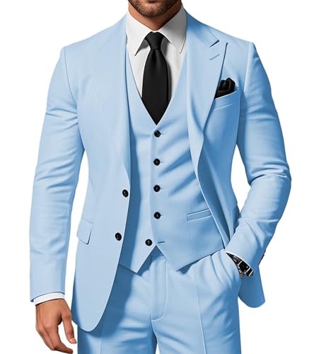 SPTALLFITJSV Herren 3-teiliger Anzug Slim Fit Peak Lapel 2-Knopf Blazer Jacke Weste Hose Set Hochzeit Business Abiball Party Anzug, Hell, blau, S SPTALLFITJSV Herren 3-teiliger Anzug Slim Fit Peak Lapel 2-Knopf Blazer Jacke Weste Hose Set Hochzeit Business Abiball Party Anzug, Hell, blau, S von SPTALLFITJSV