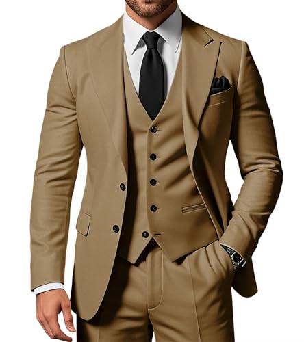 SPTALLFITJSV Herren 3-teiliger Anzug Slim Fit Peak Lapel 2-Knopf Blazer Jacke Weste Hose Set Hochzeit Business Abiball Party Anzug, Hellbraun, S von SPTALLFITJSV