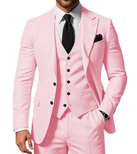SPTALLFITJSV Herren 3-teiliger Anzug Slim Fit Peak Lapel 2-Knopf Blazer Jacke Weste Hose Set Hochzeit Business Abiball Party Anzug, Helles Pink, XS von SPTALLFITJSV
