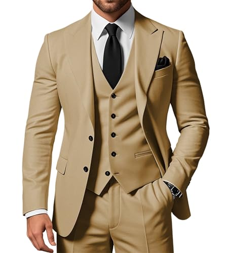 SPTALLFITJSV Herren 3-teiliger Anzug Slim Fit Peak Lapel 2-Knopf Blazer Jacke Weste Hose Set Hochzeit Business Abiball Party Anzug, Khaki, 5XL von SPTALLFITJSV