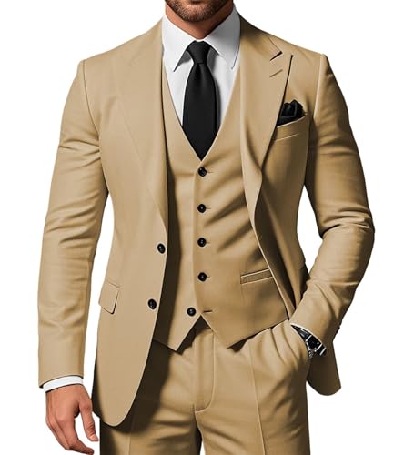 SPTALLFITJSV Herren 3-teiliger Anzug Slim Fit Peak Lapel 2-Knopf Blazer Jacke Weste Hose Set Hochzeit Business Abiball Party Anzug, Khaki, M SPTALLFITJSV Herren 3-teiliger Anzug Slim Fit Peak Lapel 2-Knopf Blazer Jacke Weste Hose Set Hochzeit Business Abiball Party Anzug, Khaki, M von SPTALLFITJSV