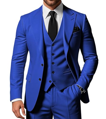 SPTALLFITJSV Herren 3-teiliger Anzug Slim Fit Peak Lapel 2-Knopf Blazer Jacke Weste Hose Set Hochzeit Business Abiball Party Anzug, Königsblau, L SPTALLFITJSV Herren 3-teiliger Anzug Slim Fit Peak Lapel 2-Knopf Blazer Jacke Weste Hose Set Hochzeit Business Abiball Party Anzug, Königsblau, L von SPTALLFITJSV