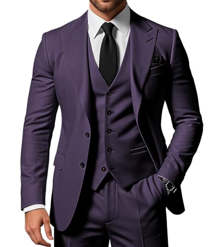 SPTALLFITJSV Herren 3-teiliger Anzug Slim Fit Peak Lapel 2-Knopf Blazer Jacke Weste Hose Set Hochzeit Business Abiball Party Anzug, Pflaume, L von SPTALLFITJSV