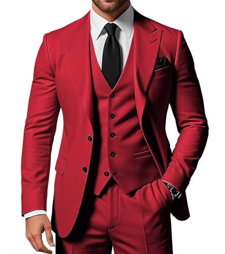SPTALLFITJSV Herren 3-teiliger Anzug Slim Fit Peak Lapel 2-Knopf Blazer Jacke Weste Hose Set Hochzeit Business Abiball Party Anzug, Rot/Ausflug, einfarbig (Getaway Solids), M von SPTALLFITJSV