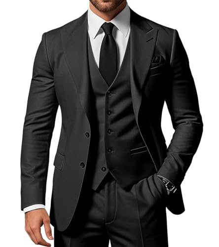 SPTALLFITJSV Herren 3-teiliger Anzug Slim Fit Peak Lapel 2-Knopf Blazer Jacke Weste Hose Set Hochzeit Business Abiball Party Anzug, Schwarz, S SPTALLFITJSV Herren 3-teiliger Anzug Slim Fit Peak Lapel 2-Knopf Blazer Jacke Weste Hose Set Hochzeit Business Abiball Party Anzug, Schwarz, S von SPTALLFITJSV