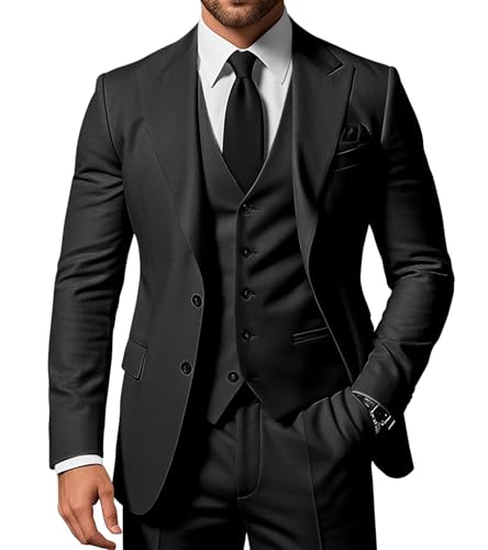 SPTALLFITJSV Herren 3-teiliger Anzug Slim Fit Peak Lapel 2-Knopf Blazer Jacke Weste Hose Set Hochzeit Business Abiball Party Anzug, Schwarz, XX-Small von SPTALLFITJSV