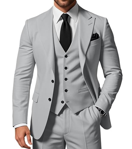 SPTALLFITJSV Herren 3-teiliger Anzug Slim Fit Peak Lapel 2-Knopf Blazer Jacke Weste Hose Set Hochzeit Business Abiball Party Anzug, Silbergrau, 6XL von SPTALLFITJSV