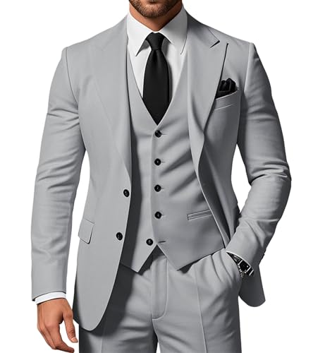 SPTALLFITJSV Herren 3-teiliger Anzug Slim Fit Peak Lapel 2-Knopf Blazer Jacke Weste Hose Set Hochzeit Business Abiball Party Anzug, Silbergrau, XX-Large von SPTALLFITJSV