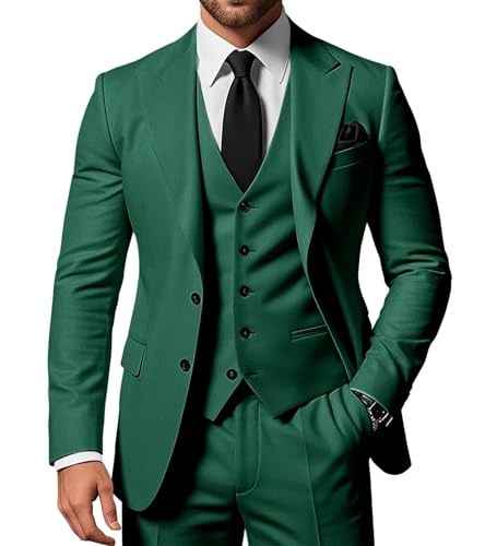 SPTALLFITJSV Herren 3-teiliger Anzug Slim Fit Peak Lapel 2-Knopf Blazer Jacke Weste Hose Set Hochzeit Business Abiball Party Anzug, Smaragdrün, 3XL von SPTALLFITJSV