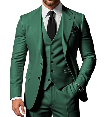 SPTALLFITJSV Herren 3-teiliger Anzug Slim Fit Peak Lapel 2-Knopf Blazer Jacke Weste Hose Set Hochzeit Business Abiball Party Anzug, Smaragdrün, 5XL von SPTALLFITJSV
